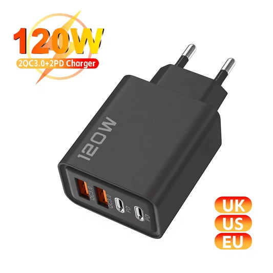 Total 120W 4 Port USB Type C Fast Wall Adapter for Quick Charge Mobile Phone
